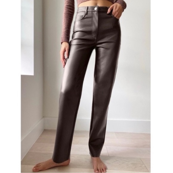 Aritzia Wilfred The Melina Vegan Faux Leather High Rise Pants Mocha Rich Brown 2 - Picture 1 of 8
